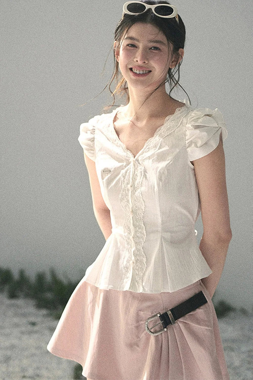 French V-Neck Lace Puff Sleeve Blouse