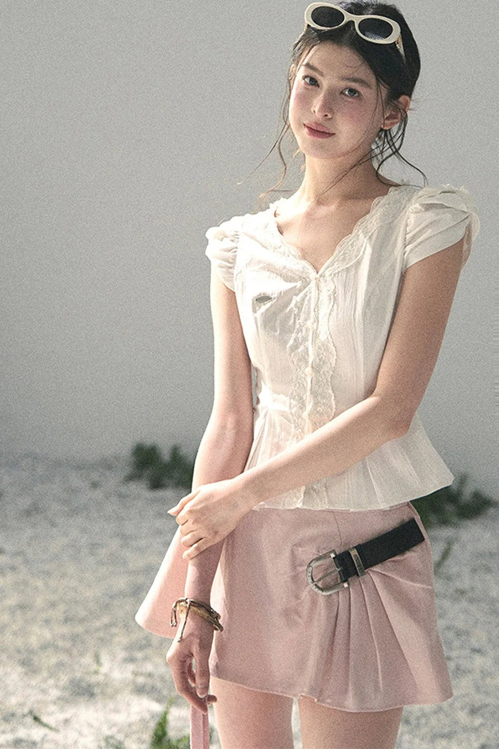 French V-Neck Lace Puff Sleeve Blouse