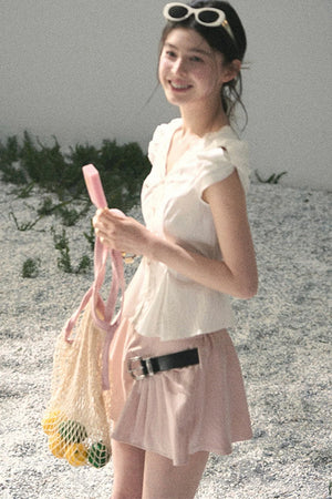 French V-Neck Lace Puff Sleeve Blouse