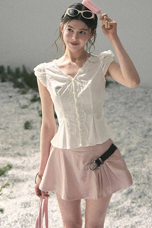 French V-Neck Lace Puff Sleeve Blouse