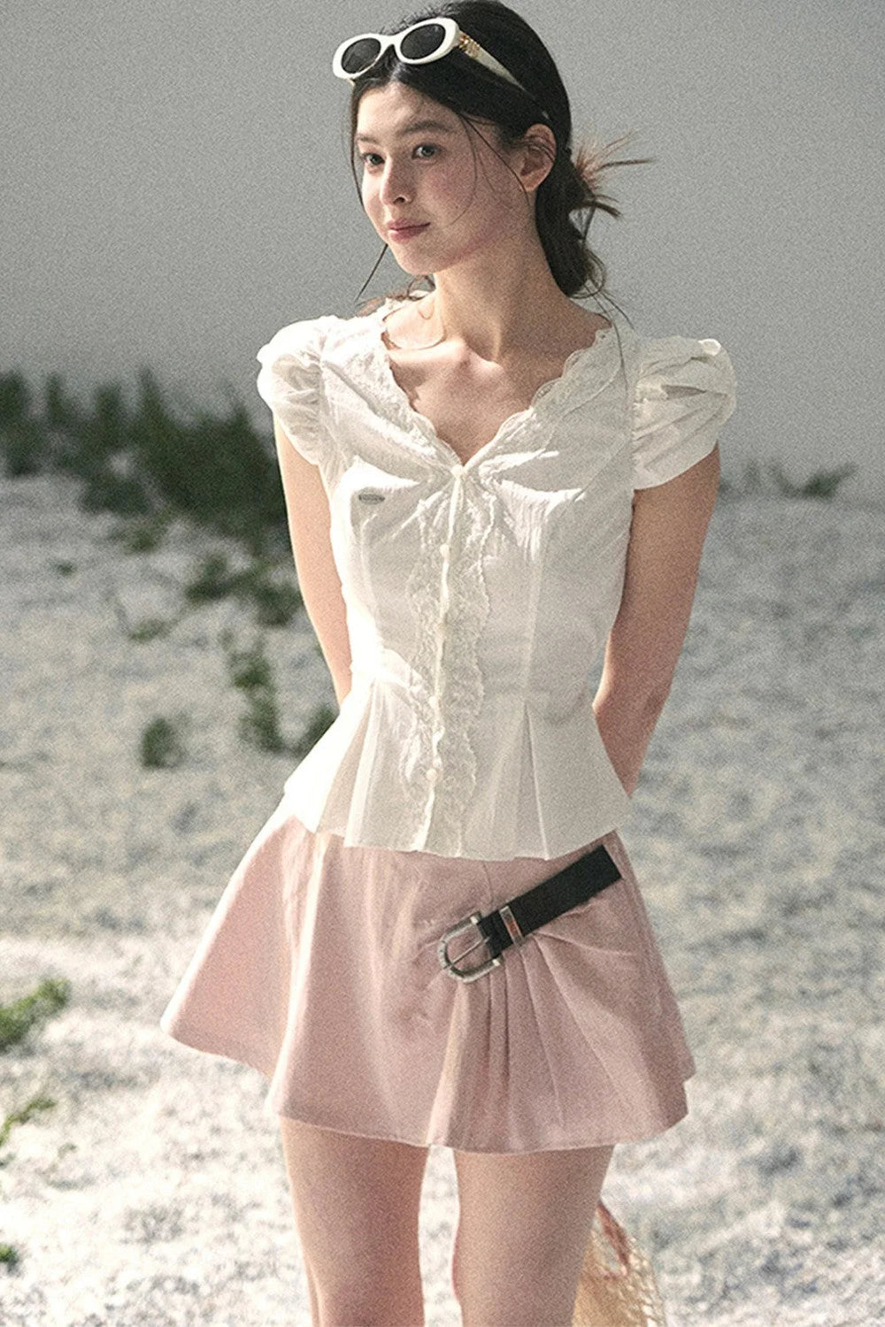 French V-Neck Lace Puff Sleeve Blouse