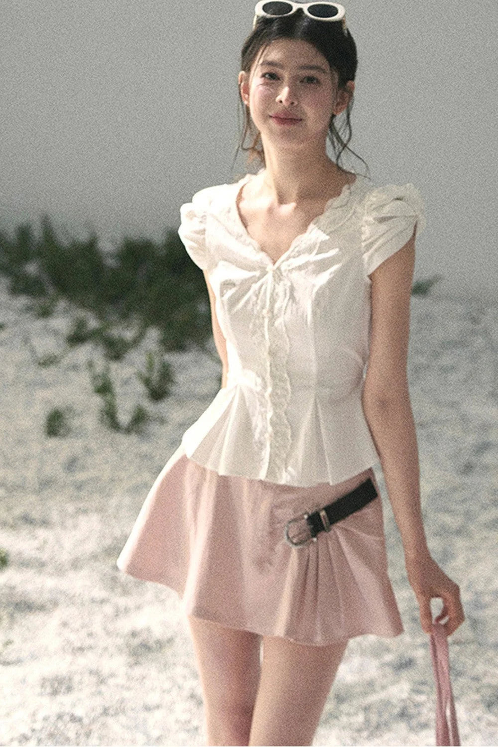 French V-Neck Lace Puff Sleeve Blouse