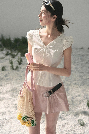 French V-Neck Lace Puff Sleeve Blouse