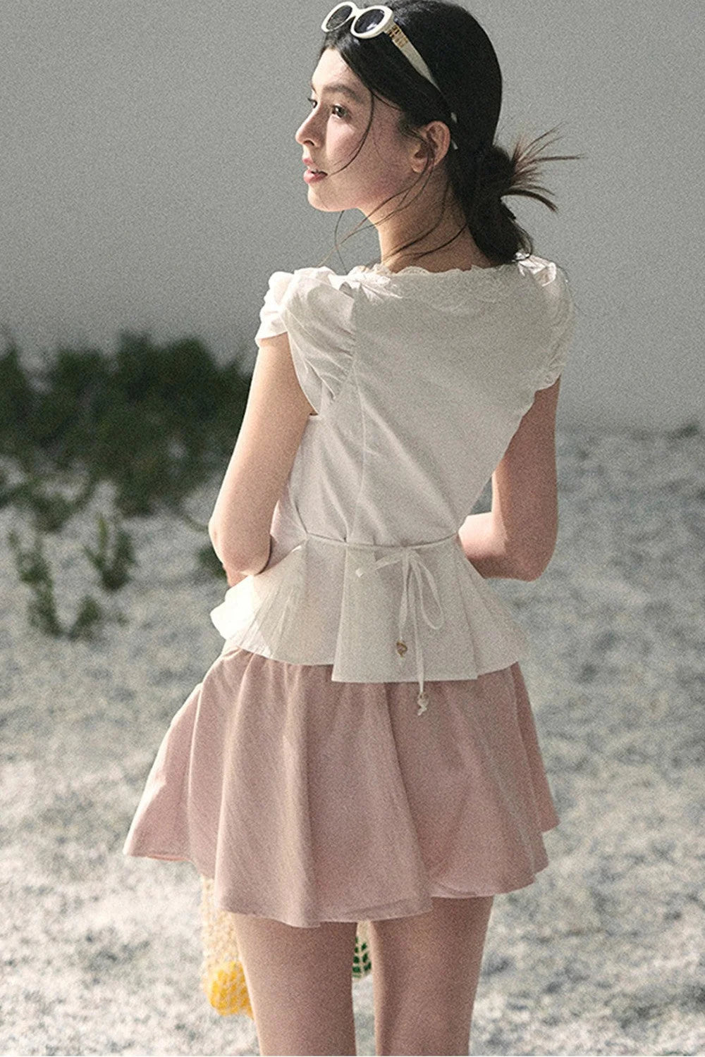 French V-Neck Lace Puff Sleeve Blouse