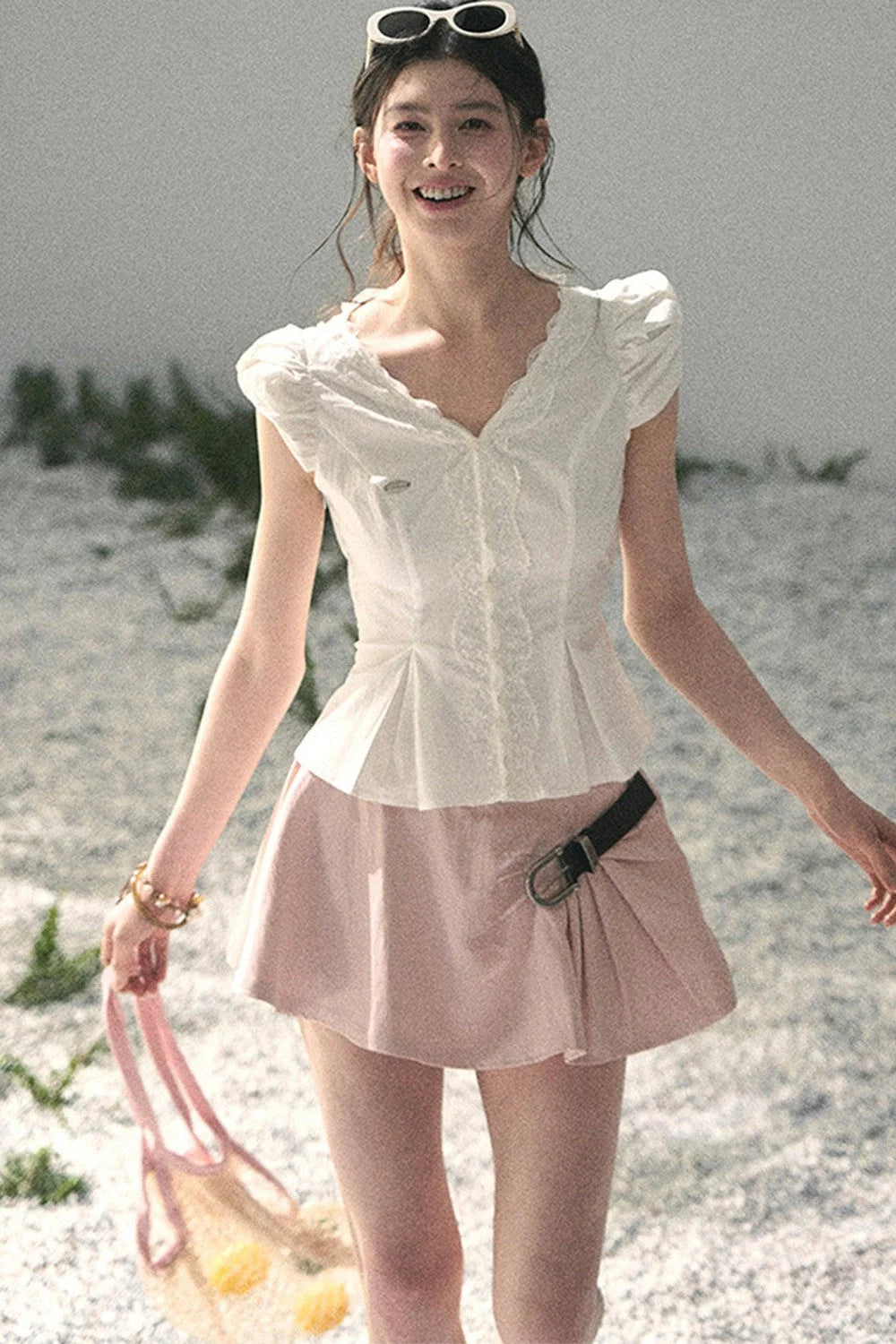 French V-Neck Lace Puff Sleeve Blouse
