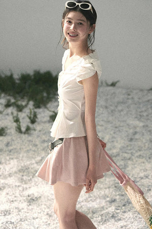 French V-Neck Lace Puff Sleeve Blouse