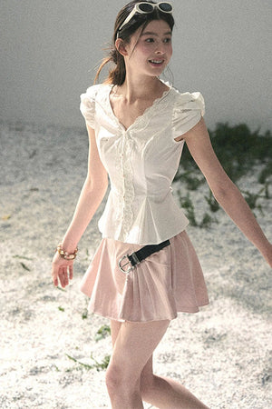 French V-Neck Lace Puff Sleeve Blouse