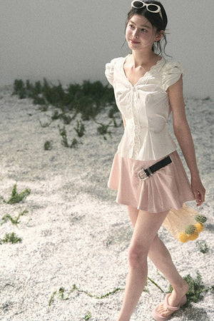 French V-Neck Lace Puff Sleeve Blouse