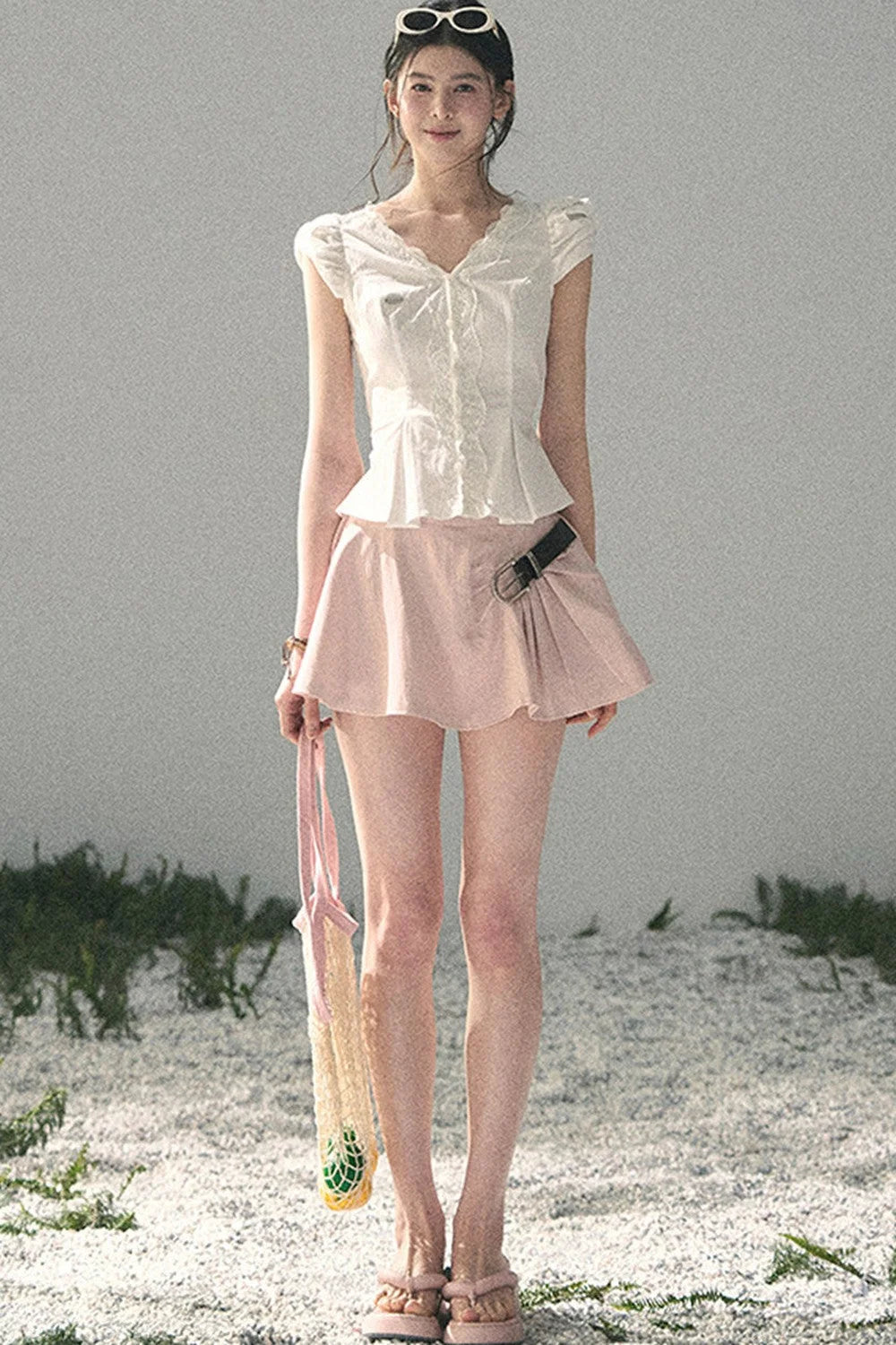 French V-Neck Lace Puff Sleeve Blouse