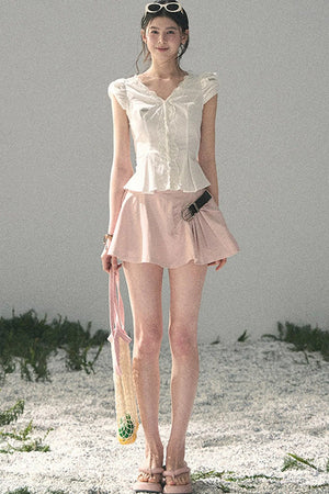 French V-Neck Lace Puff Sleeve Blouse