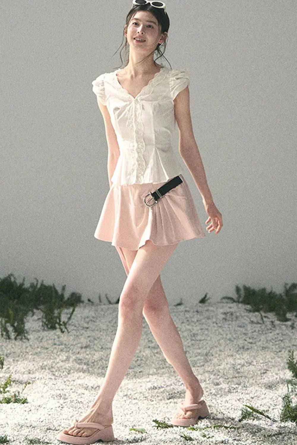 French V-Neck Lace Puff Sleeve Blouse