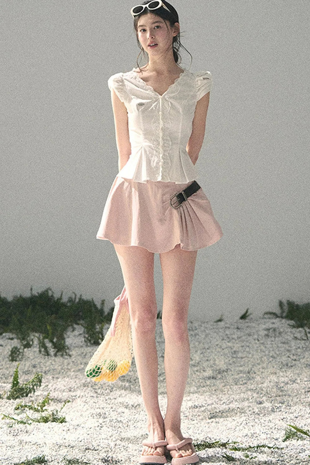 French V-Neck Lace Puff Sleeve Blouse
