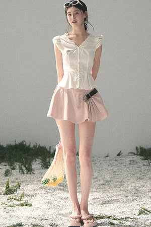 French V-Neck Lace Puff Sleeve Blouse
