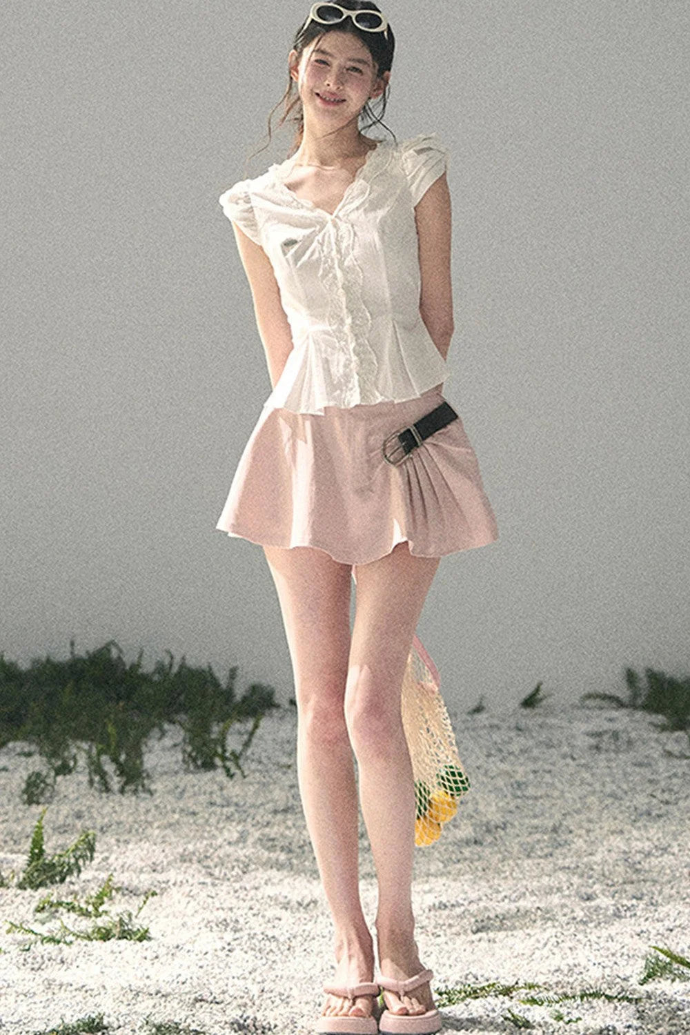 French V-Neck Lace Puff Sleeve Blouse