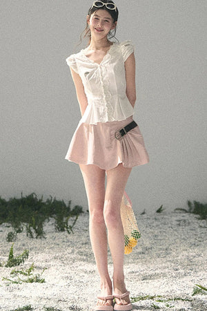 French V-Neck Lace Puff Sleeve Blouse