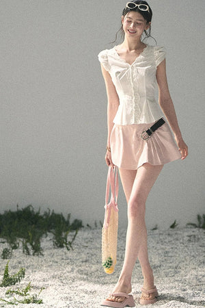 French V-Neck Lace Puff Sleeve Blouse