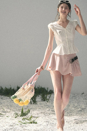 French V-Neck Lace Puff Sleeve Blouse