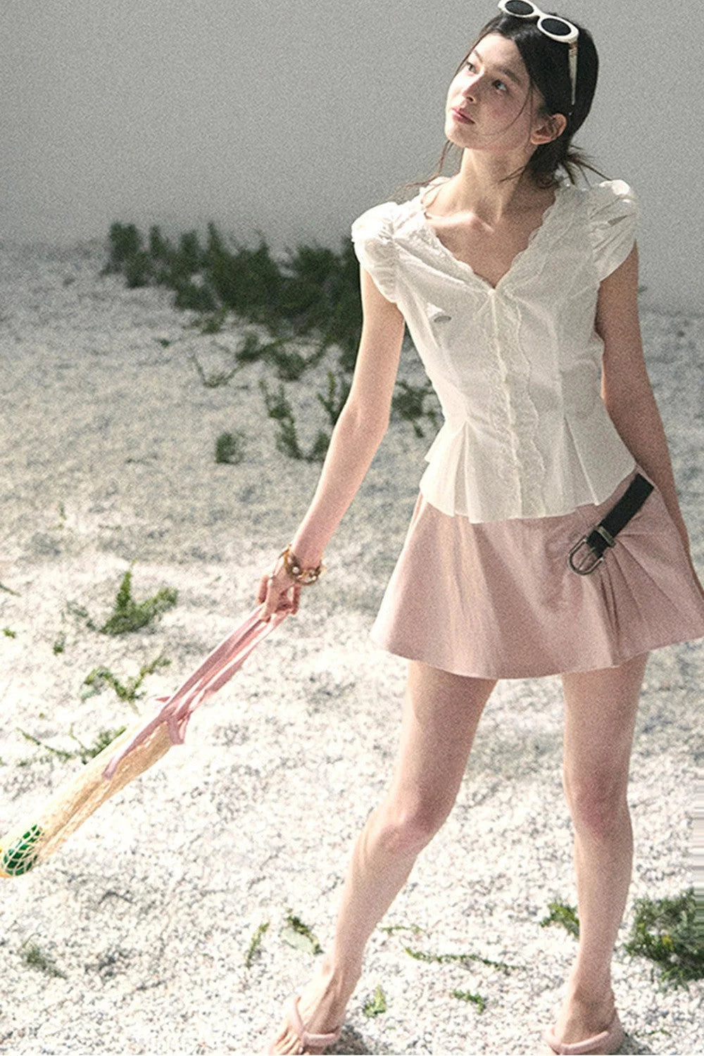 French V-Neck Lace Puff Sleeve Blouse