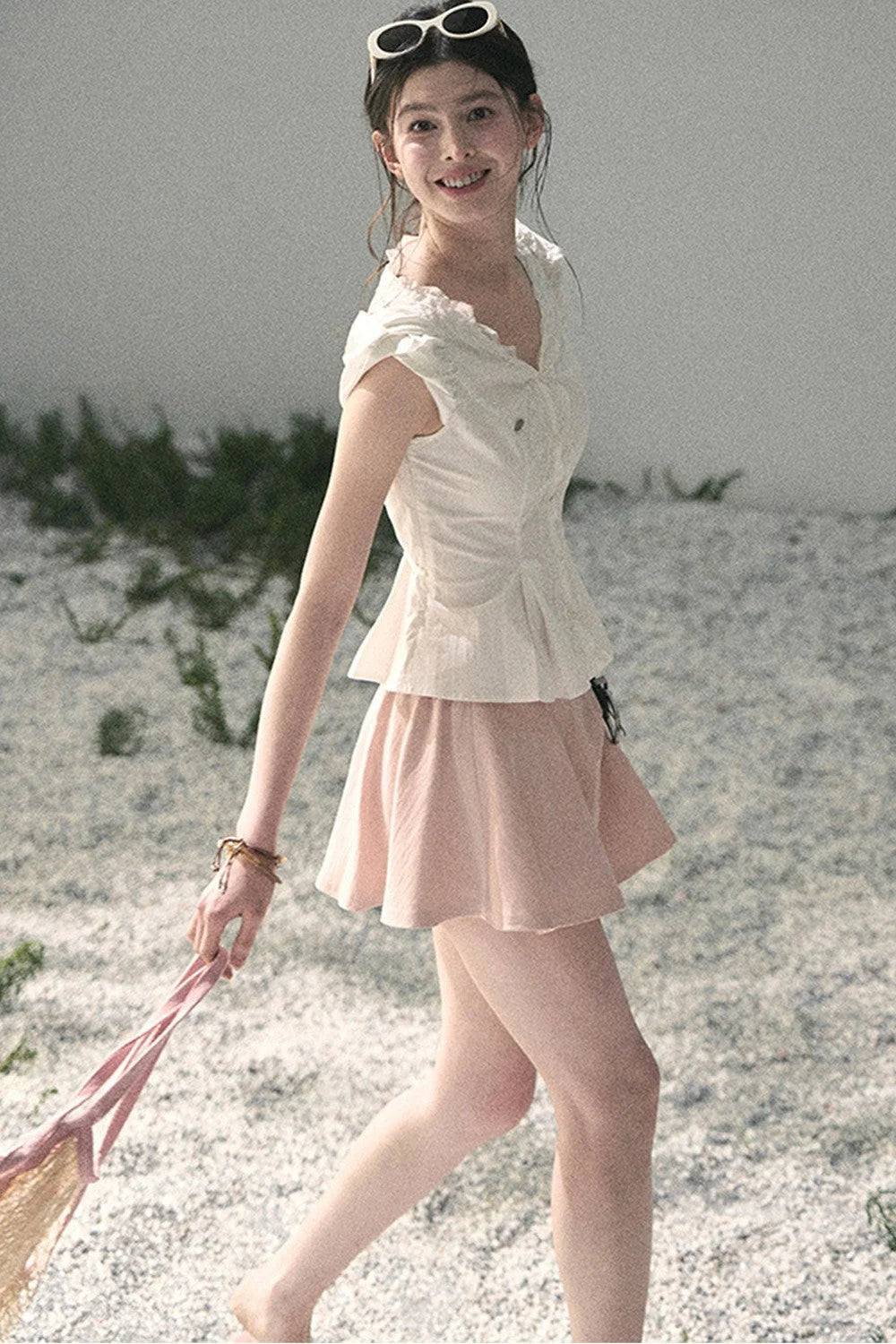 French V-Neck Lace Puff Sleeve Blouse