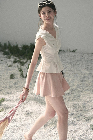 French V-Neck Lace Puff Sleeve Blouse