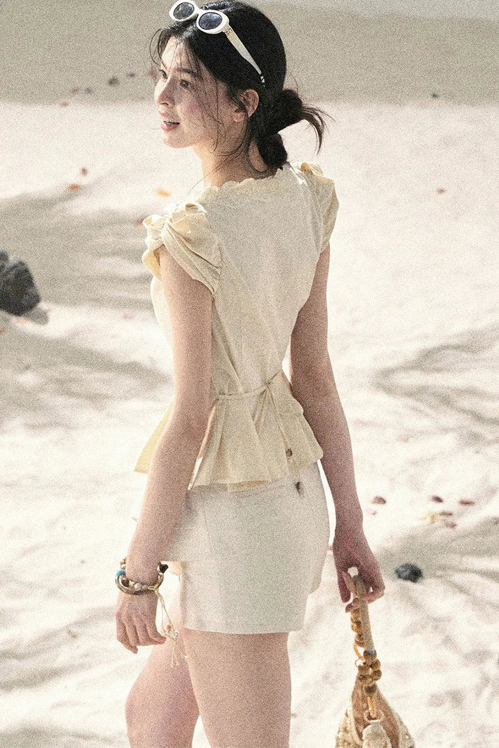 French V-Neck Lace Puff Sleeve Blouse