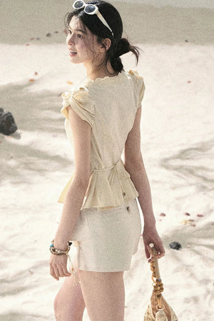 French V-Neck Lace Puff Sleeve Blouse