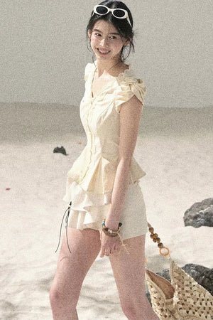 French V-Neck Lace Puff Sleeve Blouse