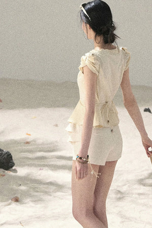French V-Neck Lace Puff Sleeve Blouse