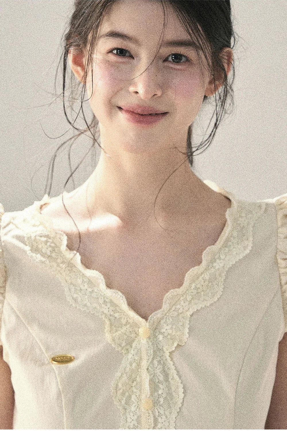 French V-Neck Lace Puff Sleeve Blouse