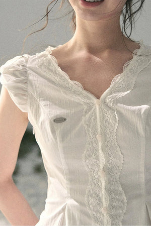 French V-Neck Lace Puff Sleeve Blouse