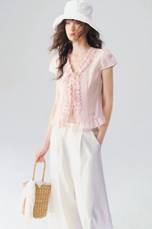 French V-Neck Lace Shirt
