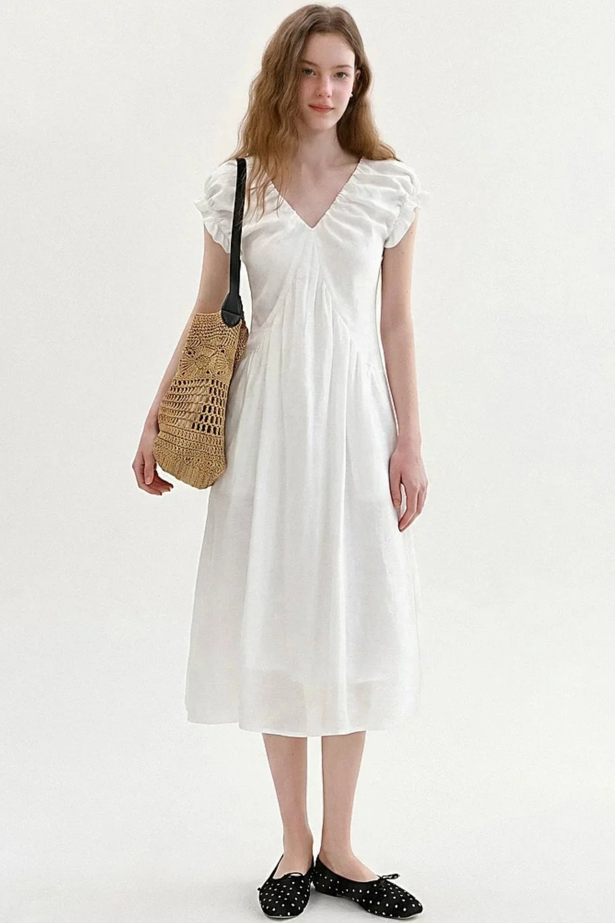 French V-Neck Puff Dress