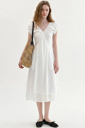 French V-Neck Puff Dress
