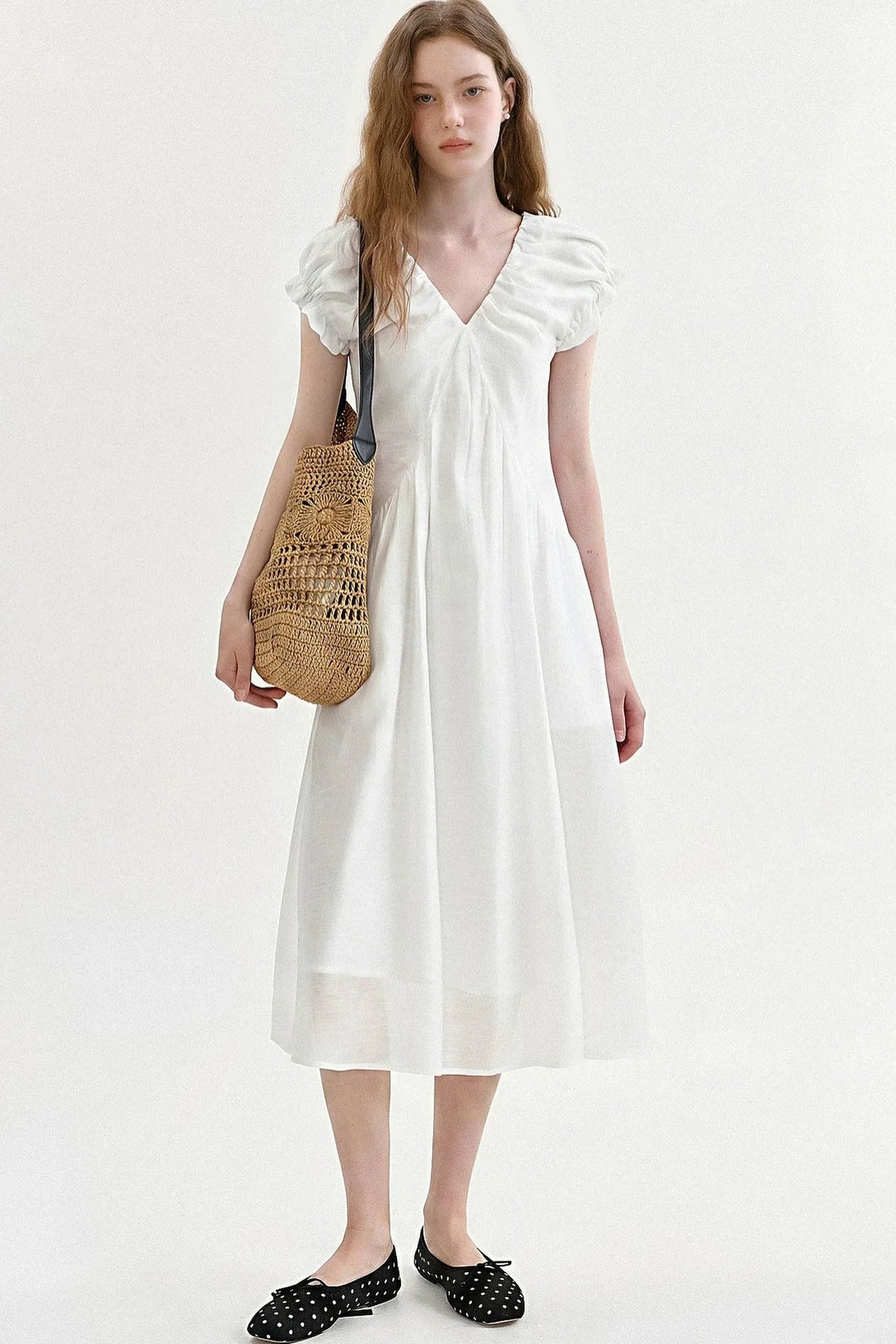 French V-Neck Puff Dress