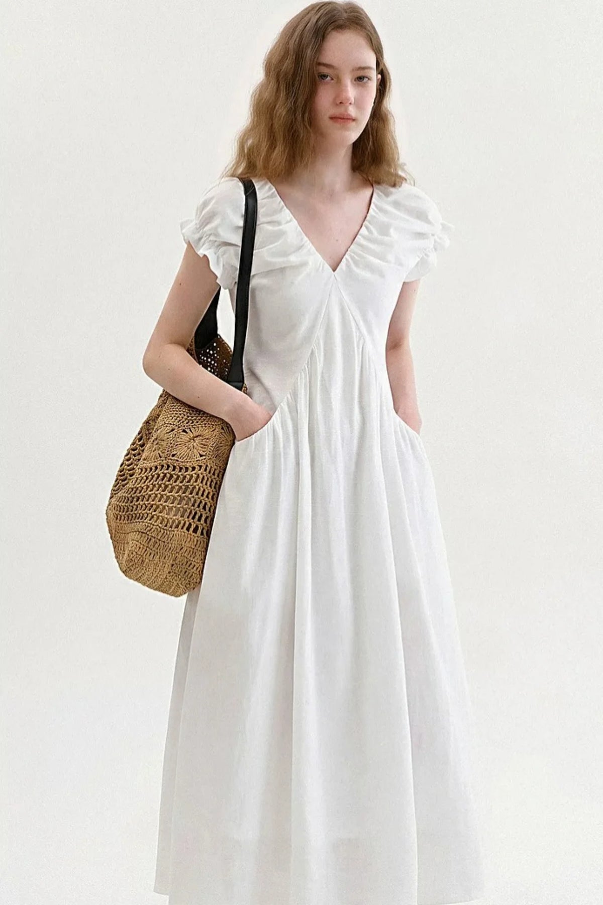 French V-Neck Puff Dress