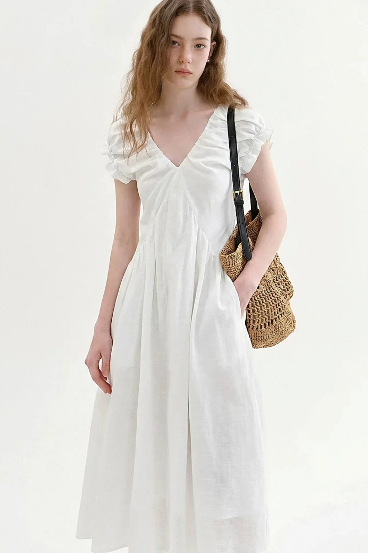 French V-Neck Puff Dress