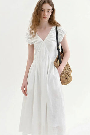 French V-Neck Puff Dress
