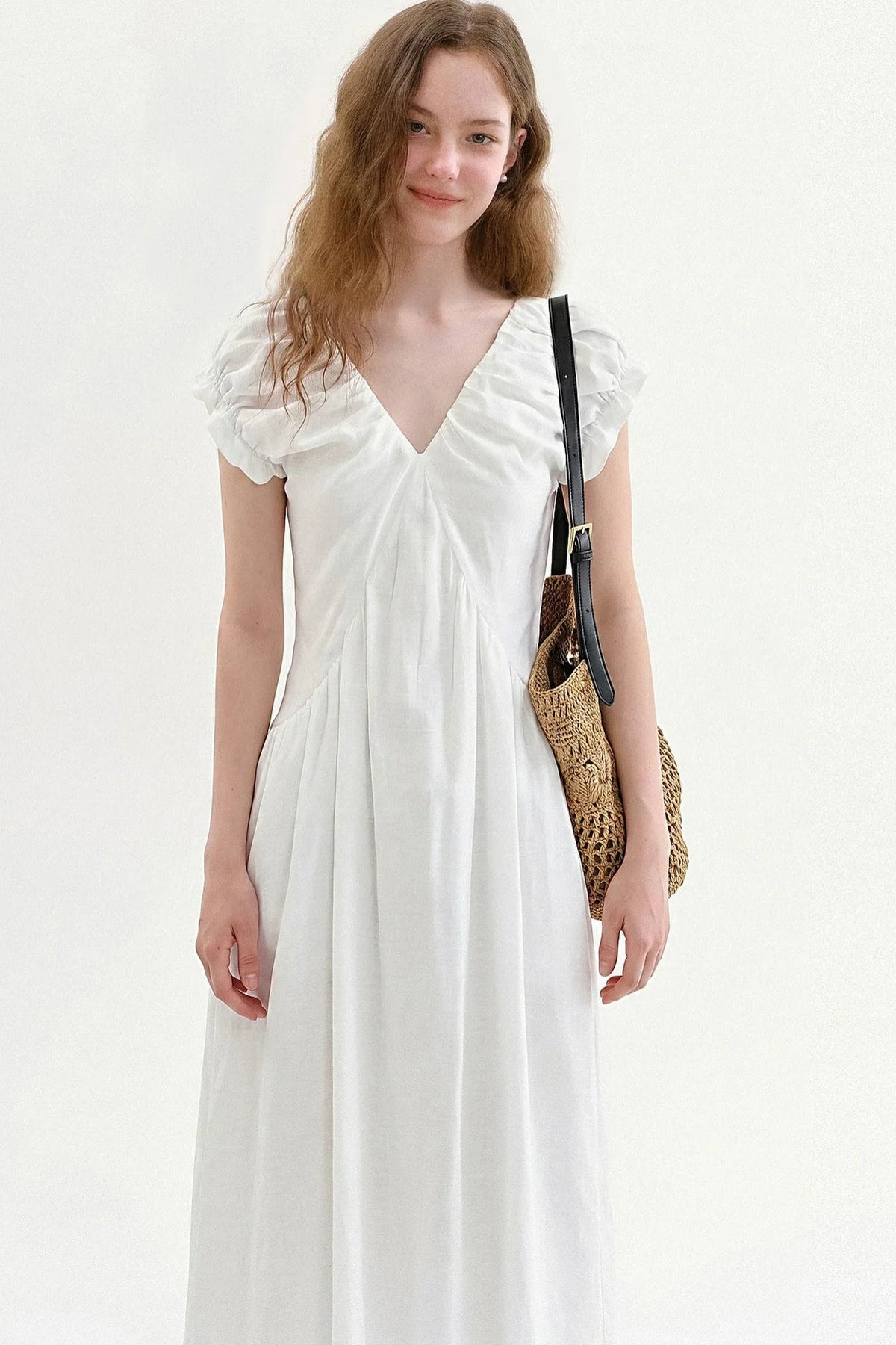 French V-Neck Puff Dress