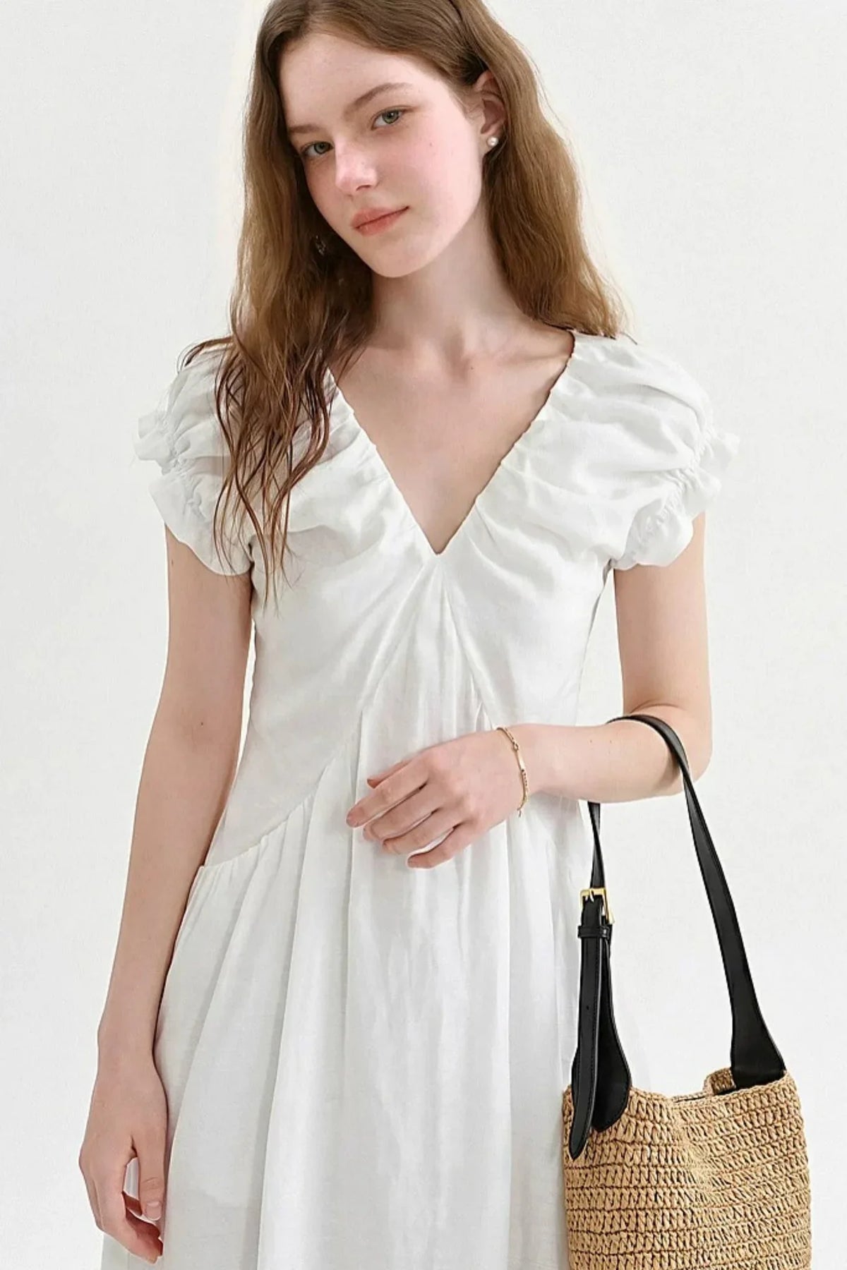 French V-Neck Puff Dress