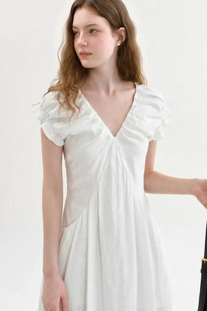 French V-Neck Puff Dress