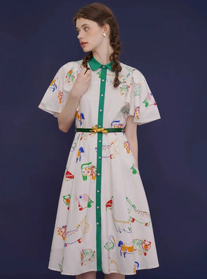 French Vintage Bird Graffiti Dress