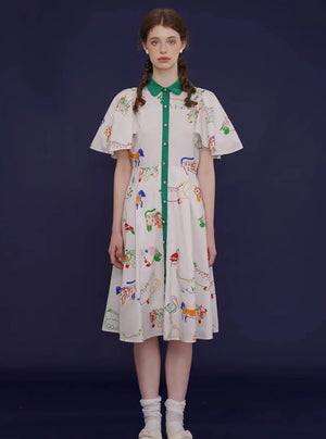 French Vintage Bird Graffiti Dress