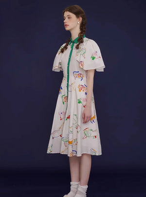 French Vintage Bird Graffiti Dress