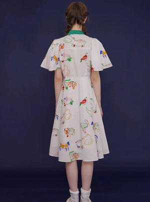 French Vintage Bird Graffiti Dress
