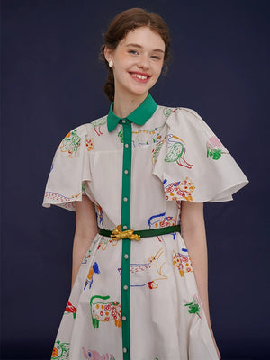 French Vintage Bird Graffiti Dress