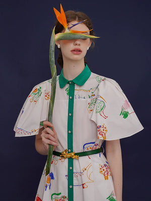 French Vintage Bird Graffiti Dress