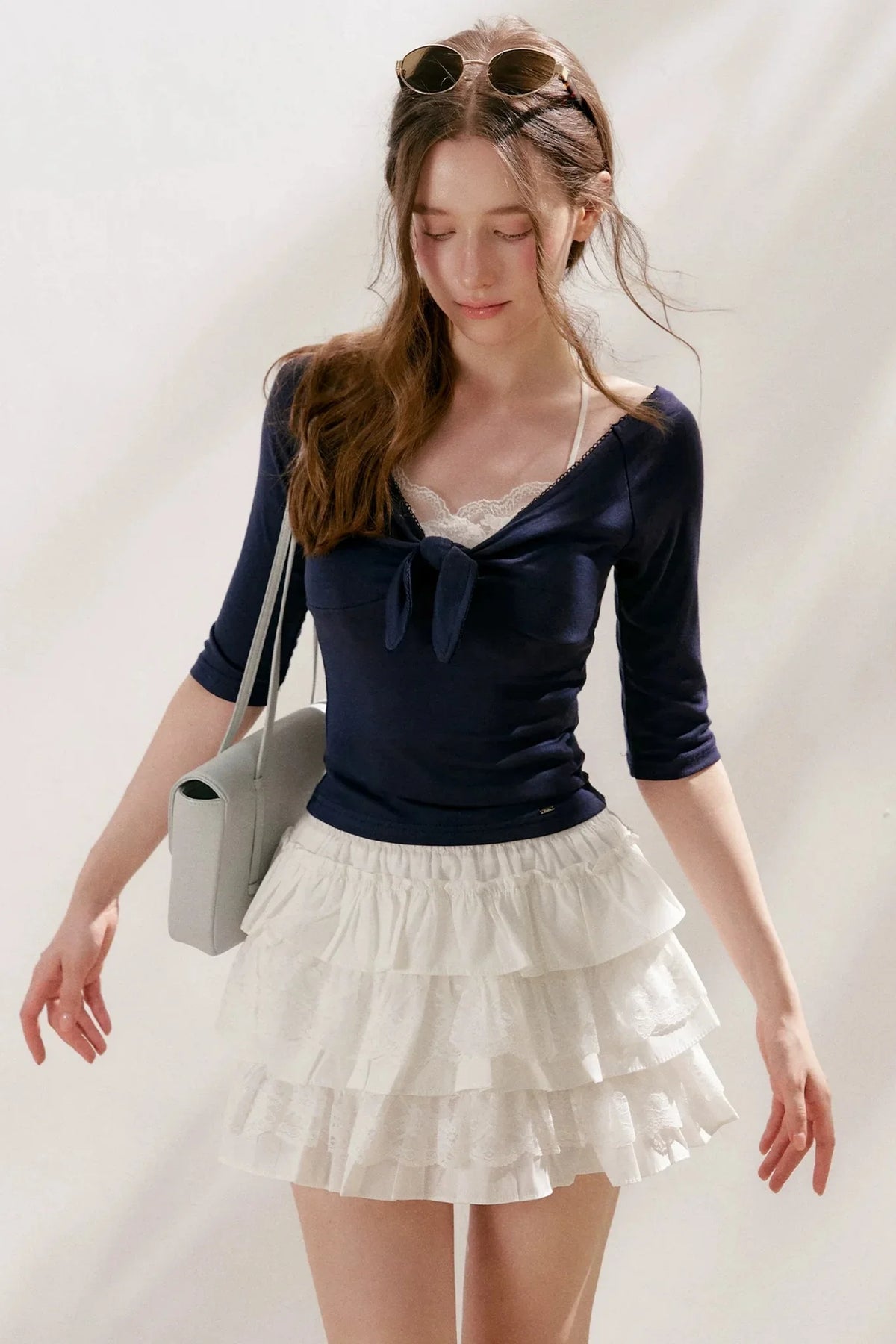 French Wave Lace Bow Blouse