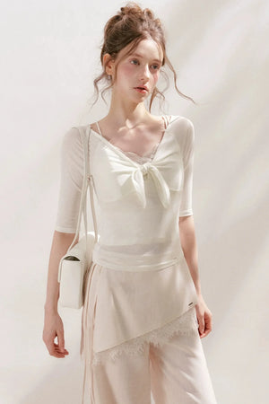 French Wave Lace Bow Blouse