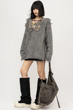 Fringe Lace-Up Butterfly Sweater