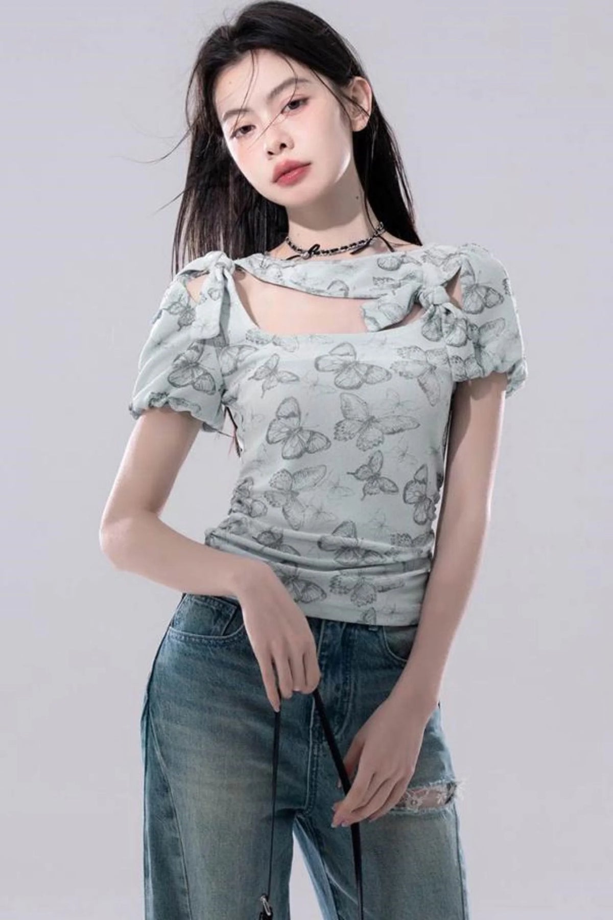 Frosted Green Cutout Knit Top
